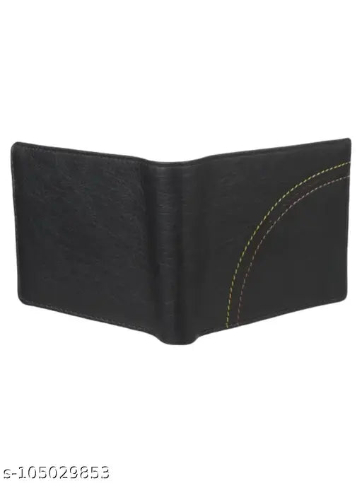Black PU leather men's wallet with tri-line thread design, featuring card and coin pockets. Durable, compact, and stylish accessory for gentlemen