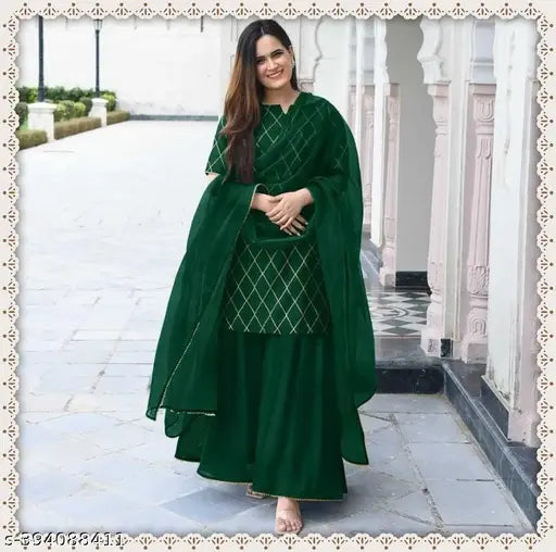 Gold printed rayon kurta set with sharara dupatta on mannequin, Indian traditional checked net design, XS-7XL sizes