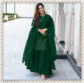 Gold printed rayon kurta set with sharara dupatta on mannequin, Indian traditional checked net design, XS-7XL sizes