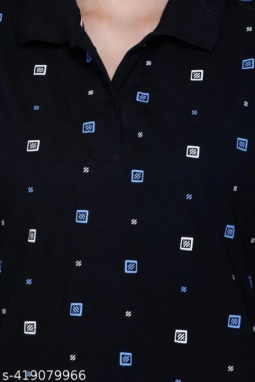 Black women's polo neck t-shirt, cotton blend, printed design, short sleeves, India