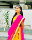 Newest chiffon festival half saree set in Lichi silk, embroidered top with semi-stitched lehenga and solid dupatta, adorned with lace borders and belt, unstitched, Indian origin