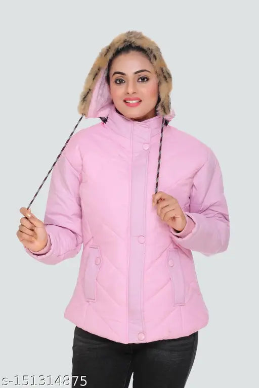 PU quilted nylon zipper jacket for women, solid color design, long sleeves, size M (Bust 40in, Length 25in, Waist 38in, Hip 42in)