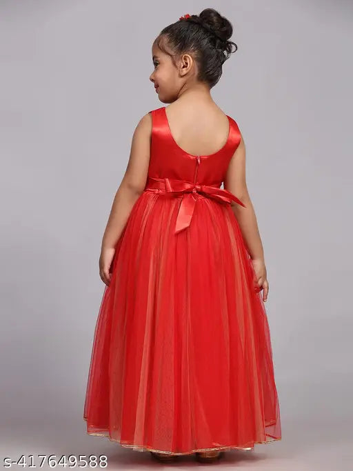 Rose red net party dress for kids, embellished with toy balloons print, sleeveless and full-length, size range from 1-13 years