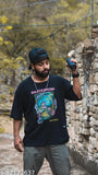 Oversized printed cotton t-shirt, three-quarter sleeves, vibrant design from India