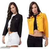 Black and mustard solid pattern women's denim jacket, long sleeves, multiple sizes available