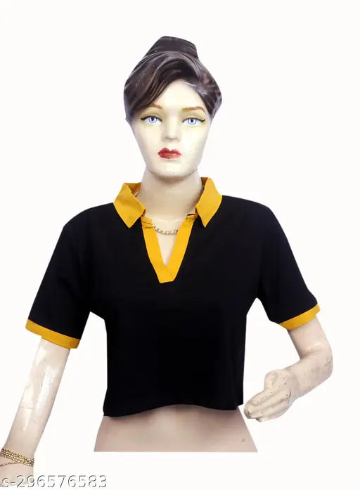 Cotton crop top with contrast collar, regular fit, solid net pattern, short sleeves, M size (36in bust, 16in length) from India