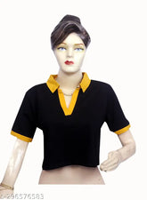 Cotton crop top with contrast collar, regular fit, solid net pattern, short sleeves, M size (36in bust, 16in length) from India