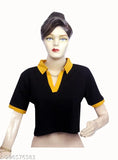 Cotton crop top with contrast collar, regular fit, solid net pattern, short sleeves, M size (36in bust, 16in length) from India