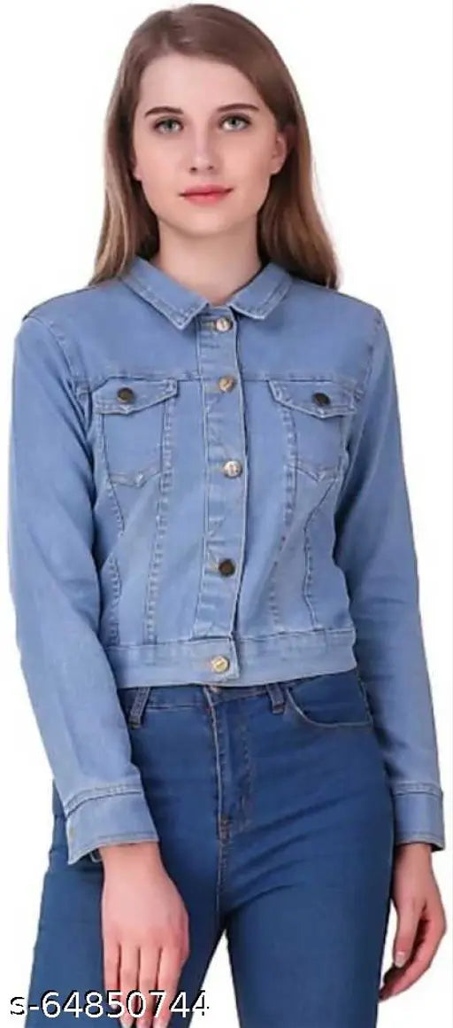 Denim Plaine Blue Women's Jacket, long sleeves, solid pattern, enhances casual style, India origin