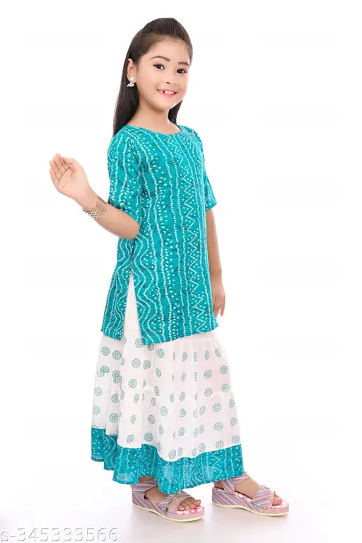 Sea green ethnic Jaipuri printed rayon kurta & skirt set, perfect for casual or office wear, crafted from comfortable cotton rayon fabric