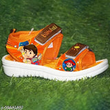 Trendy kids EVA sandals in tan orange green, comfortable PVC sole for boys aged 2-3 years, Chhota Bheem printed net design