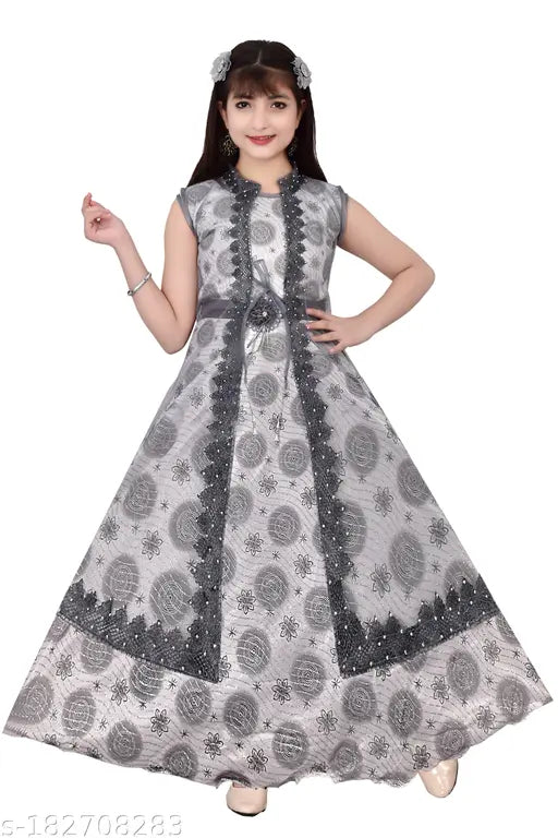 Stylish embellished floral printed grey & solid green Western gown combo (Pack of 2) - girls' party dresses in pure black berry and creta silk - Indian ethnic fashion for everyday and weddings