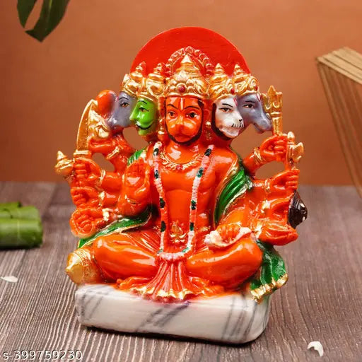 152 Orange synthetic resin Panchmukhi Hanuman Ji statue for home decor, protection from evil eye