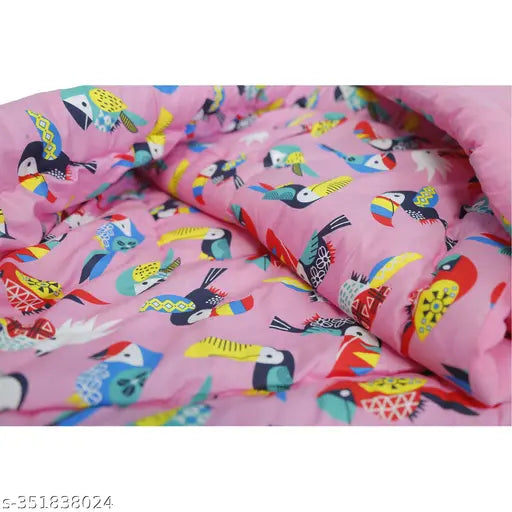 Handmade pink parrot baby quilt, cotton print, mild winter, crib size, 120 thread count, India origin
