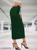 Dark green polyester bodycon pencil skirt with elastic waist, midi length for women's casual wear, size 32 (32.5" inches)