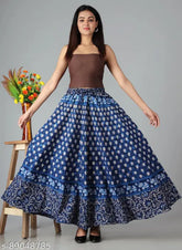 Gorgeous blue printed cotton maxi skirt, flared design with elastic waistband and drawstring closure. Available in various sizes. Jaipuri style from India