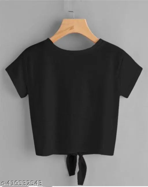 Black crop top t-shirt for women M, printed lycra with short sleeves