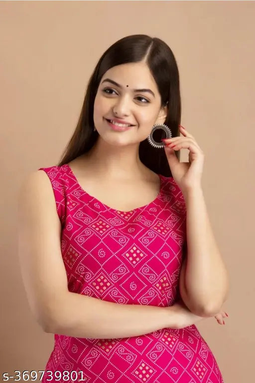 Rayon Banita Pretty Sleeveless Printed Kurti, India-origin 14kg bandhni design, no extra sleeve, XS to XXL sizes available