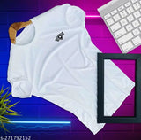 Stylish white logo printed unisex polyester lycra t-shirt for men and women, short sleeves, round neck on mannequin