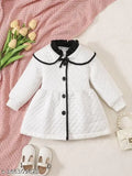 White polycotton embellished net winter jacket/coat for baby girls, featuring long sleeves, ruffle neck, and contrast binding bow. Perfect for the winter season