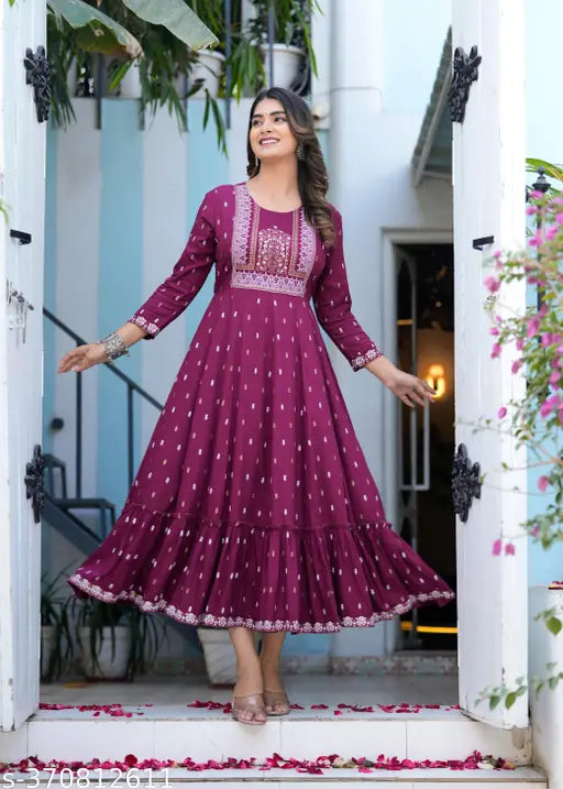Purple rayon long ankle-length Anarkali kurtas, traditional Mughal era Indian outfit with three-quarter sleeves