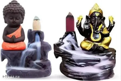Orange and gold resin handcrafted God Idol incense holder showpiece, Buddha meditating beside smokey waterfall
