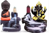 Orange and gold resin handcrafted God Idol incense holder showpiece, Buddha meditating beside smokey waterfall