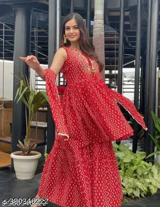 Women's premium rayon kurta and sarara set with dupatta, printed three-quarter sleeve design, Indian ethnic wear in multiple sizes (XS - XXL)