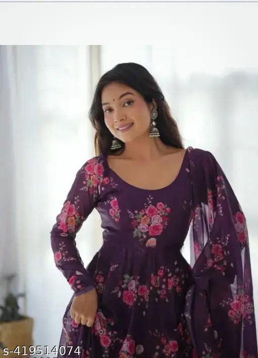 Printed Georgette Grown Maxi Dress, Indian fashion in long sleeve sizes S-XXXL