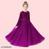 Embellished net maxi gown dress for kids parties, weddings & functions. Long sleeve, full length in sizes 4-5 years to 15-16 years (India origin)