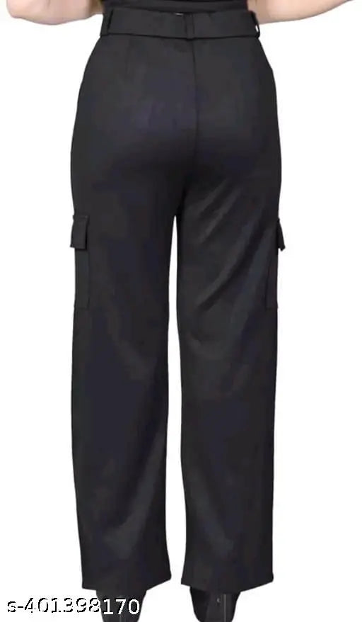 Black premium cotton relaxed fit wide leg 4-pocket cargo trousers, perfect for a stylish and comfortable wear