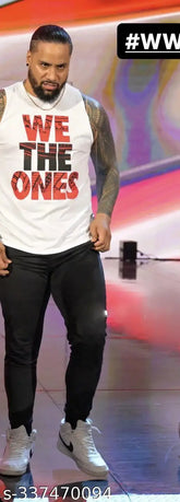 White polyester WWE Bloodline T-shirt with striped pattern, perfect for men & boys. Premium quality, machine washable. Made in India