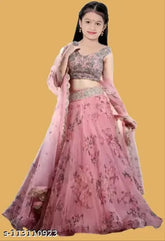 Embroidered floral net lehenga choli for girls, 3-16 years, Indian fashion wear on display