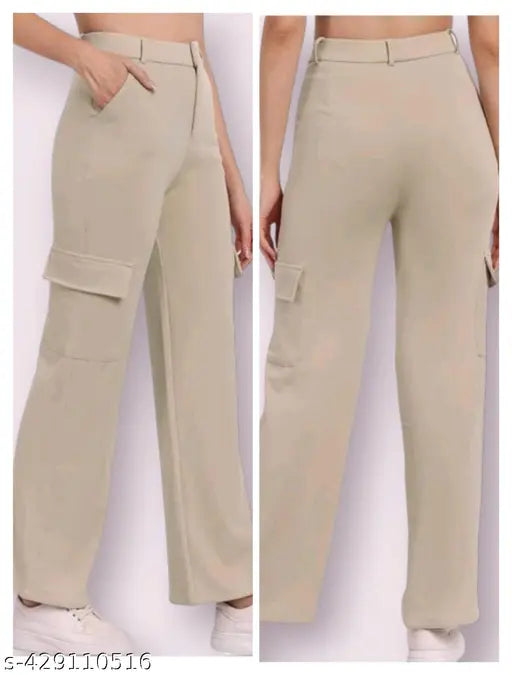Cotton blend cargo pants, light grey color, plus size for women with bottom elastic for daily wear (size 26, 28, 30, 32, 34)