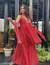 Rayon sleeveless women's kurti set with dupatta and sharara bottom, printed net design, single size M-XXXL, Indian origin