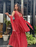 Sleeveless rayon kurta set with dupatta and bottomwear, printed net pattern, women's stylish Indian fashion