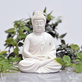 White resin Buddha statue, meditation/Dhyan Lord Gautam figure for home decor, living room, bedroom, office, desk, gifting. Dimensions: 9cm x 10cm x 10cm (LxHxW). Made in India