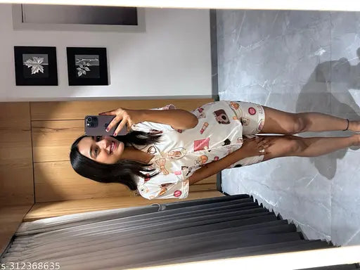 Silk blend quirky print ladies night suit set, featuring shirt, pajamas, and shorts. Soft to touch and shiny to look at, perfect for comfort and luxury. Made in India
