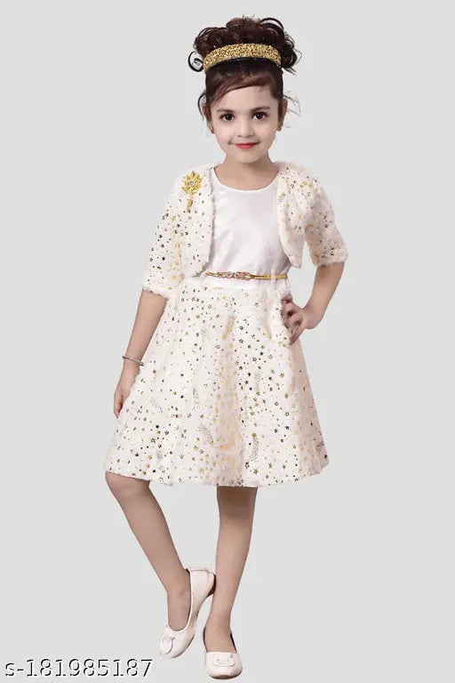 Pashmina faux fur embellished net gown for girls, stylish star print on display, Indian-made (6m - 5yrs)