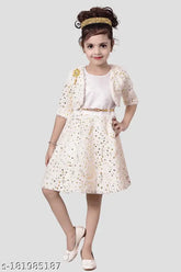 Pashmina faux fur embellished net gown for girls, stylish star print on display, Indian-made (6m - 5yrs)