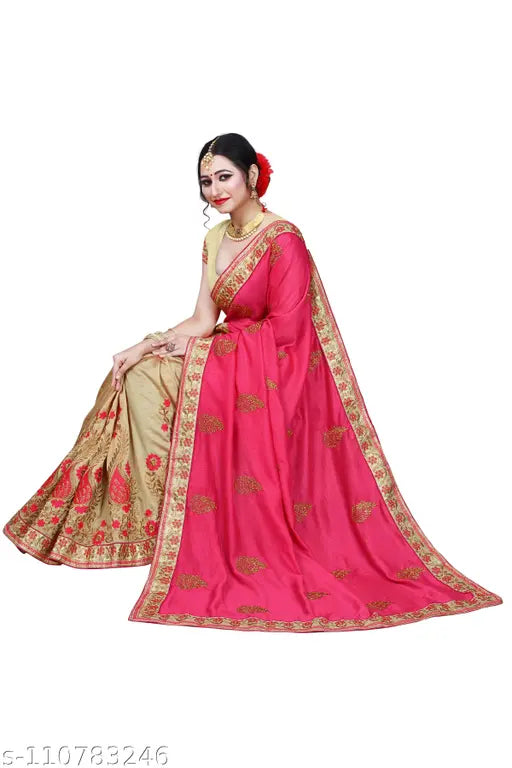 Pink Beige Vichitra Silk Woven Bollywood Saree with Embroidered Flower Pattern