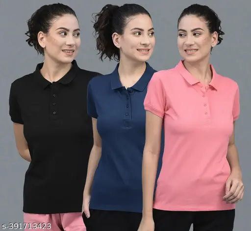Dollar Women's Pink Solid Polo Neck T-shirts (3 Pack) - Soft cotton blend, comfortable & breathable