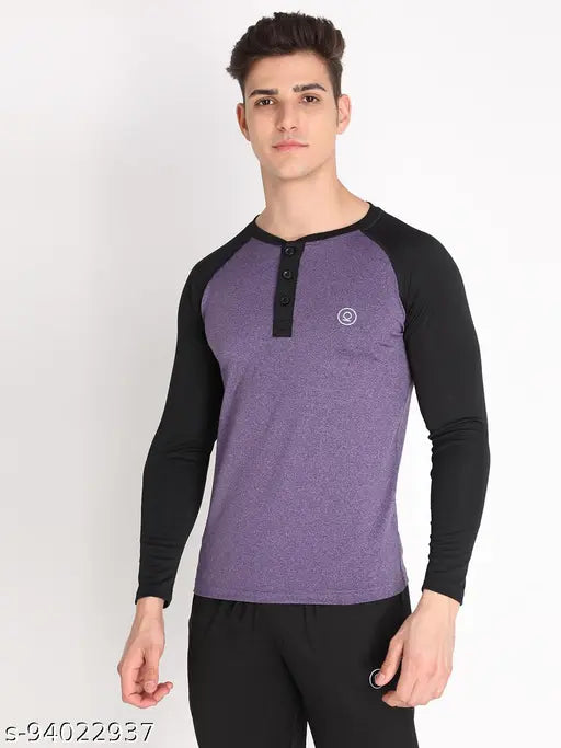 Multicolor polyester Chkokko Men's Colorblocked Henley Active T-shirt with long sleeves, featuring double stitching at borders. Sizes available: S, M, XL, XXL (India origin)