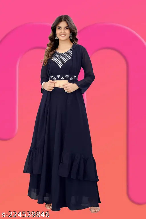 Stylish Georgette gorgette top & bottom set with heavy Malai Crepe inner, sleeveless & vibrant