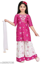 Rayon checked kids kurta palazzos set with dupatta, stylish print for children (ages 3-12), made in India