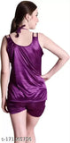 purple satin women's tank top & shorts set, sleeveless, solid color nightwear on display