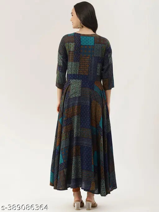 Multicolor printed viscose rayon flared kurta with three-quarter sleeves, Indian women's fashion on mannequin
