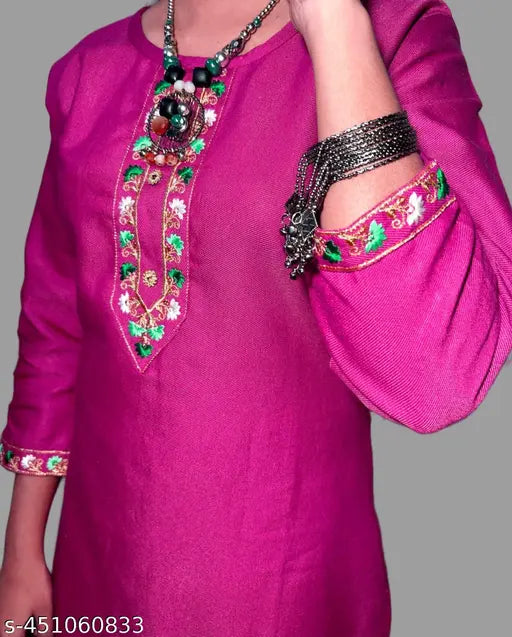 Embroidered woolen straight kurta/pashmina kurti with three-quarter sleeves, solid color women's fashion from India