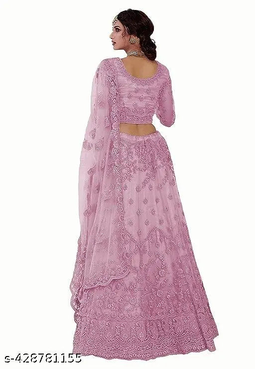Net embroidered semi-stitched lehenga choli & dupatta set, intricate Indian bridal wear