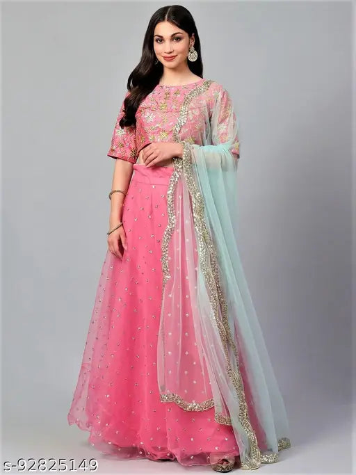Embroidered art silk lehenga with unstitched blouse and net dupatta, Indian embroidered thread work ready-to-wear on display